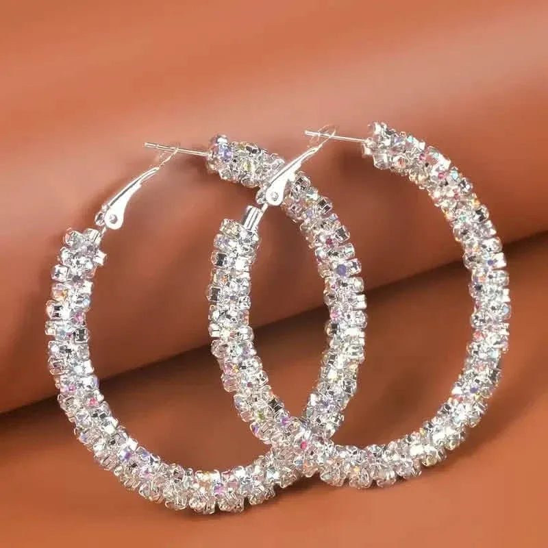 Large Full Rhinestone Silver Hoop Earrings - A-1 Thread Vault