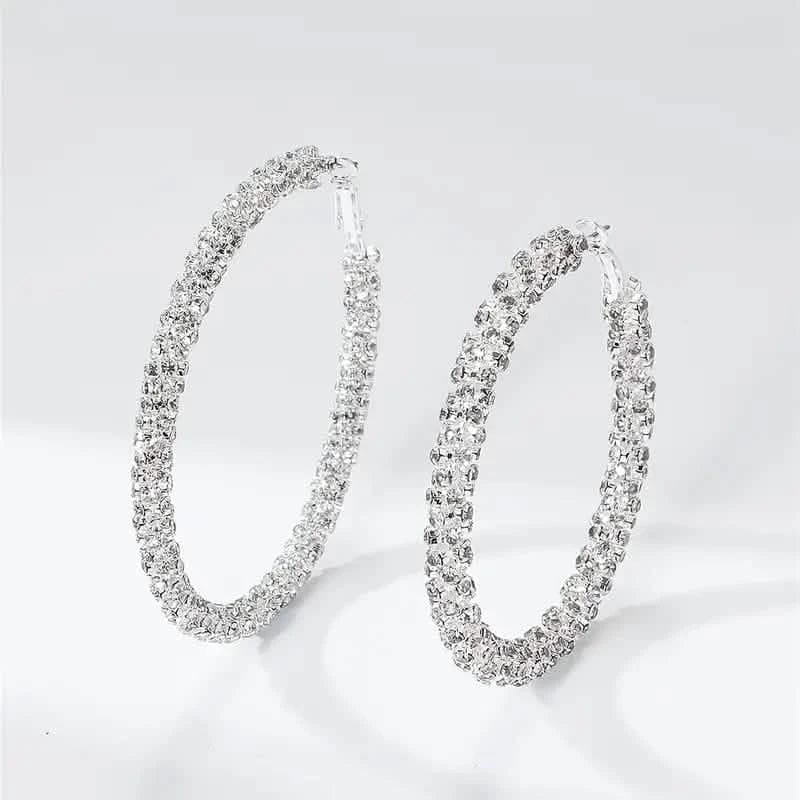 Large Full Rhinestone Silver Hoop Earrings - A-1 Thread Vault