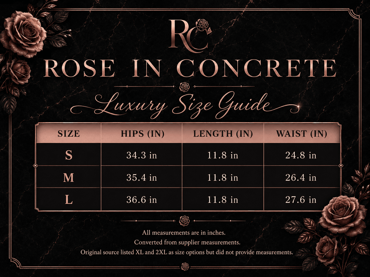 A Rose in Concrete luxury size guide chart displayed against a black marble background with ornate rose illustrations, featuring columns for size, hips, length, and waist measurements.
