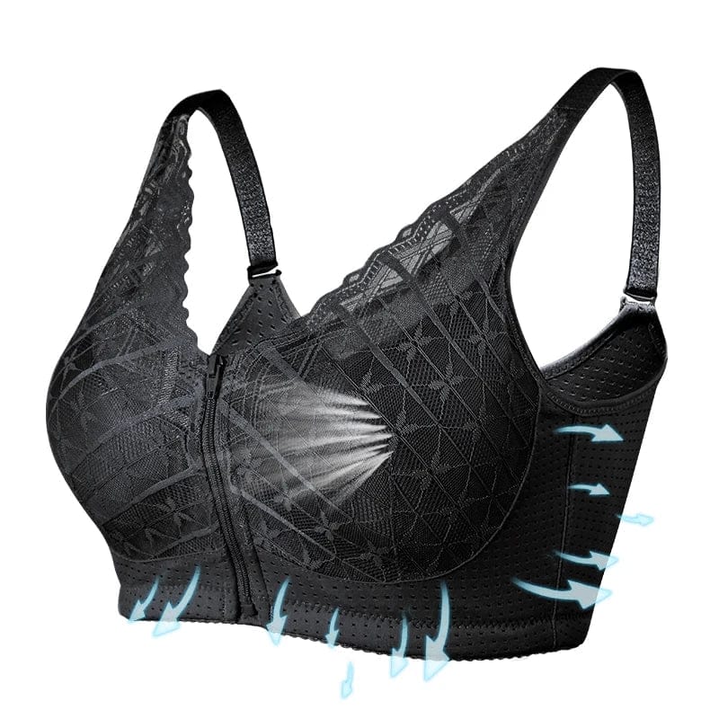 A black lace front-zipper bra with adjustable straps features perforated fabric on the underband and side panels, with light-blue arrows pointing outward to indicate ventilation.
