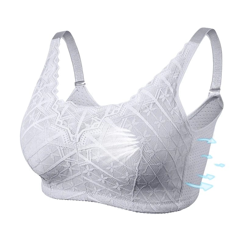 A white lace bralette with adjustable straps, a full-coverage silhouette, and perforated side panels.