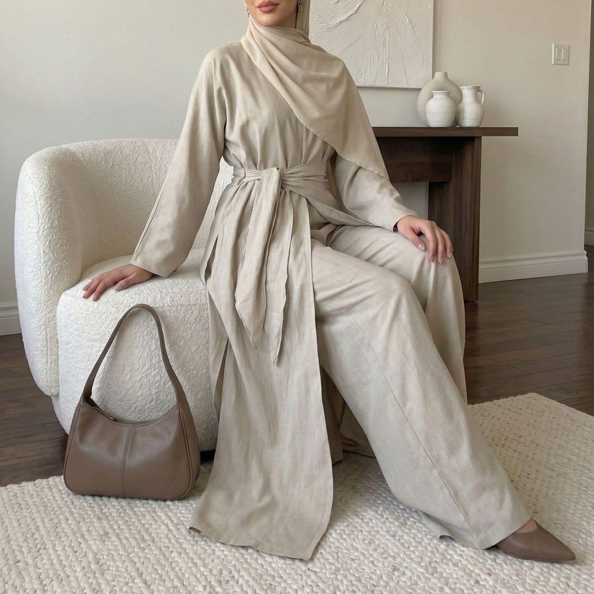 Long-Line Top, Wide-Leg Trousers & Triangle Scarf Three-Piece Co-ord Set(MS484) - A-1 Thread Vault