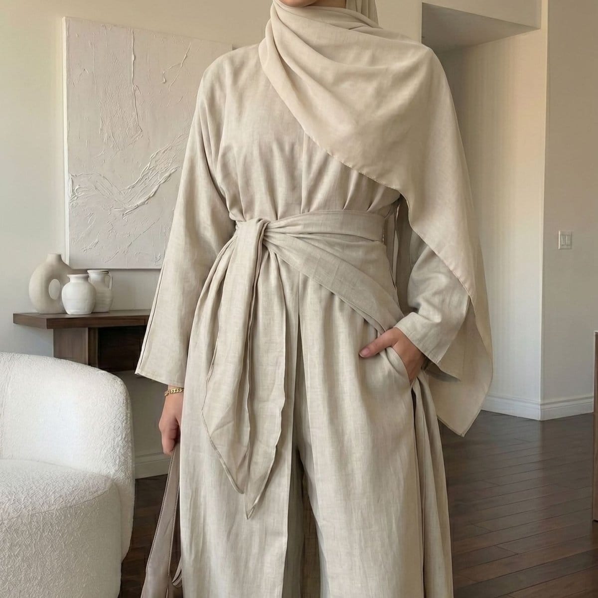 Long-Line Top, Wide-Leg Trousers & Triangle Scarf Three-Piece Co-ord Set(MS484) - A-1 Thread Vault