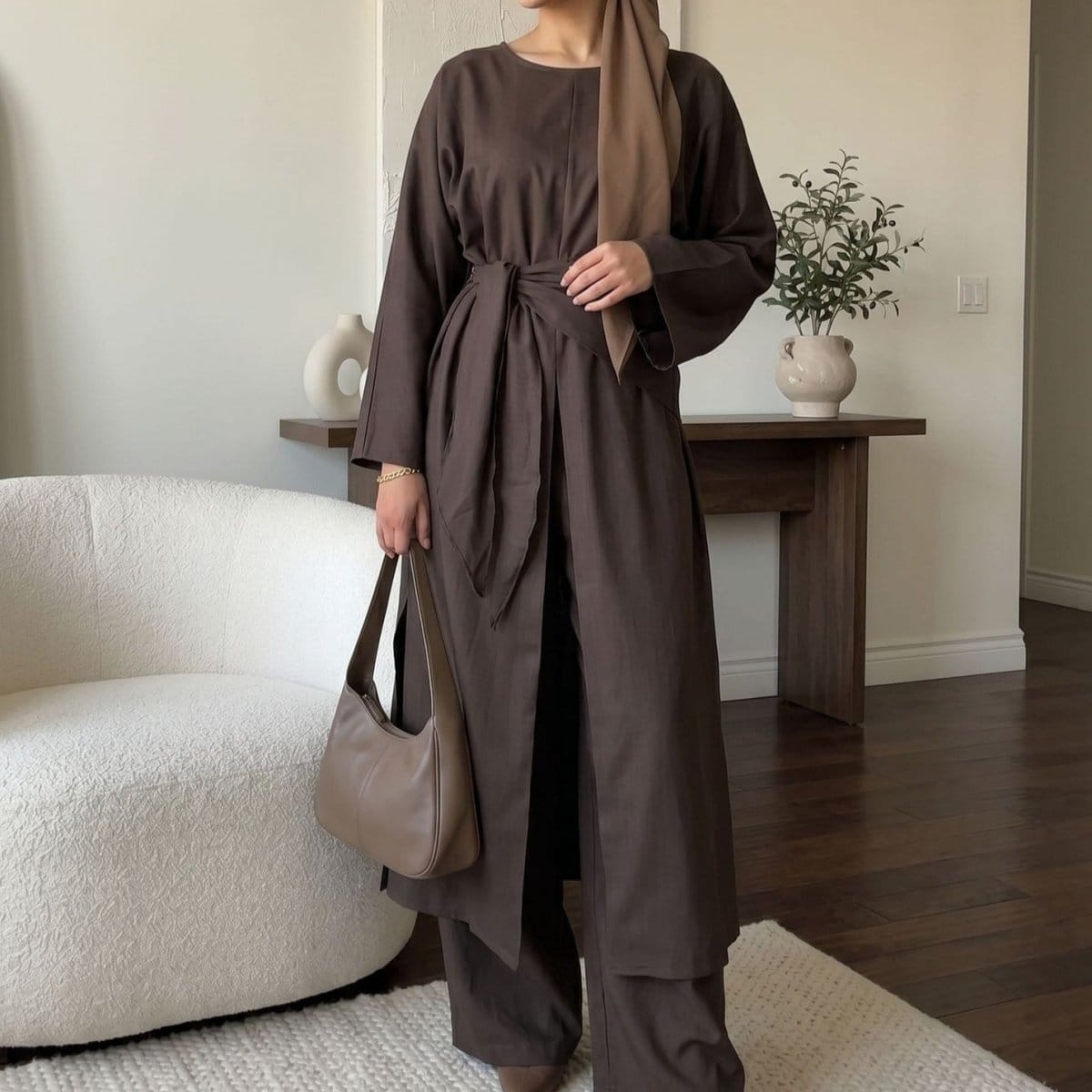 Long-Line Top, Wide-Leg Trousers & Triangle Scarf Three-Piece Co-ord Set(MS484) - A-1 Thread Vault