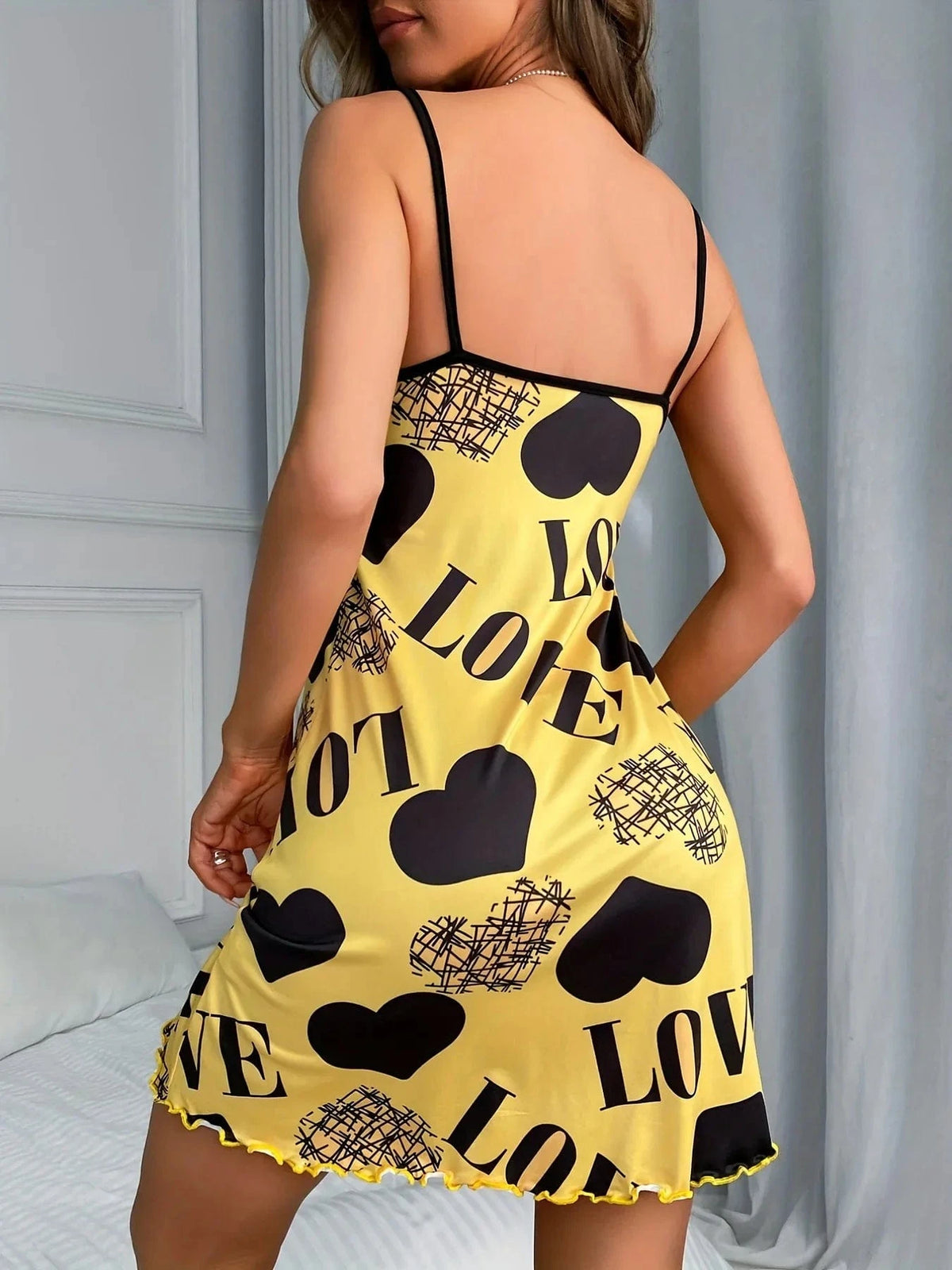 Love Heart Print Satin Sleepwear Dress for Women Sexy Spaghetti Strap Nightgown Soft Summer Loungewear Pajama Dress - A-1 Thread Vault
