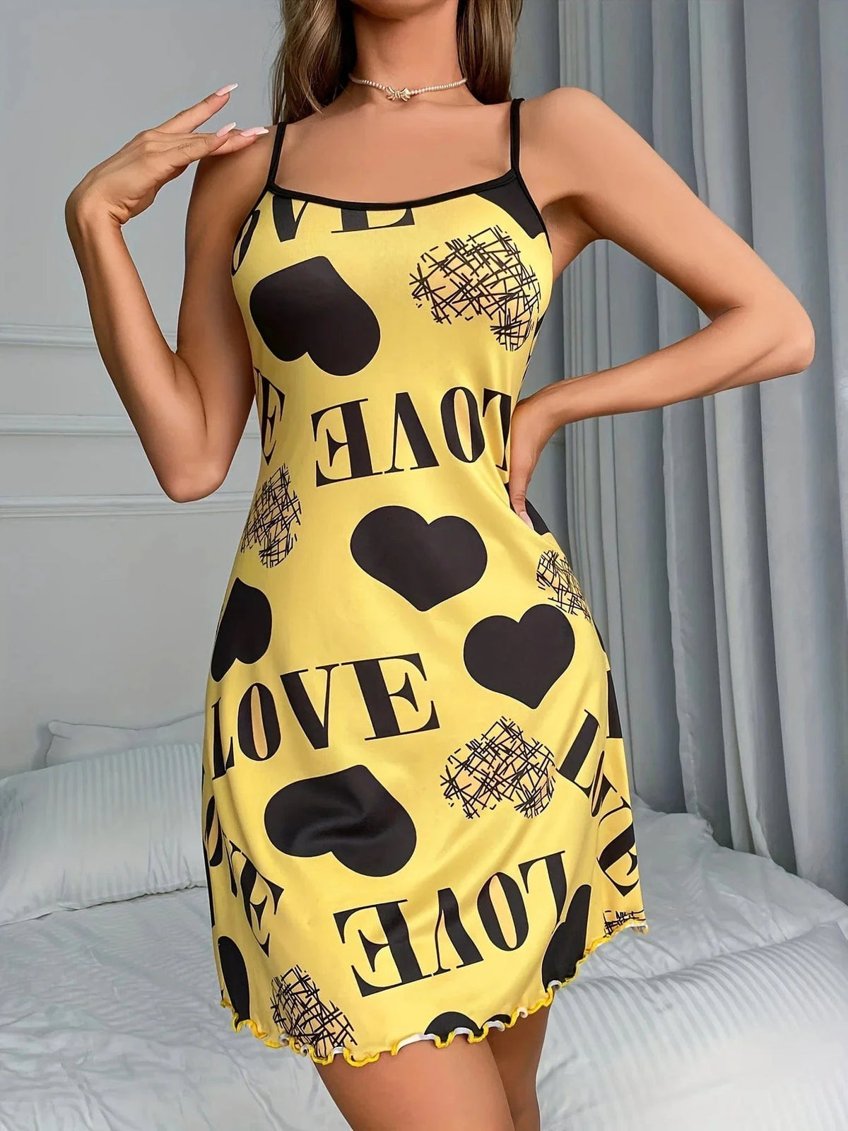 Love Heart Print Satin Sleepwear Dress for Women Sexy Spaghetti Strap Nightgown Soft Summer Loungewear Pajama Dress - A-1 Thread Vault