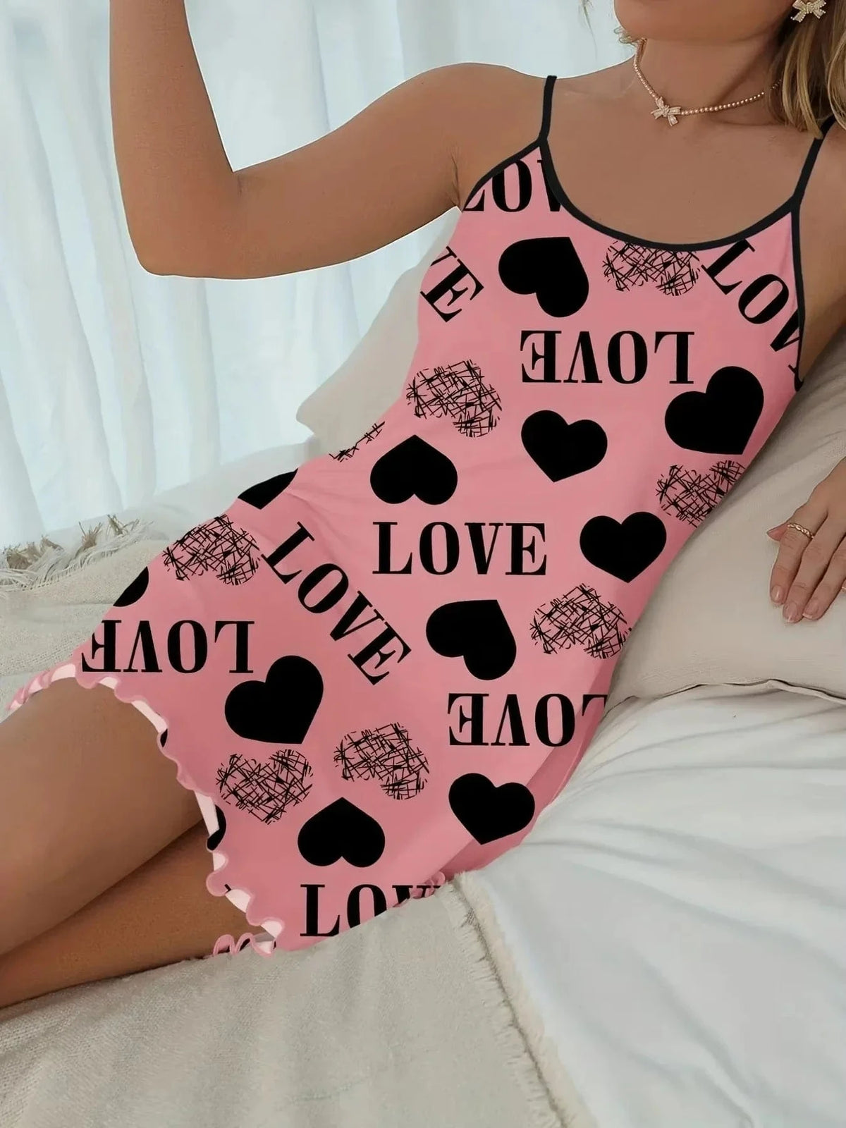 Love Heart Print Satin Sleepwear Dress for Women Sexy Spaghetti Strap Nightgown Soft Summer Loungewear Pajama Dress - A-1 Thread Vault
