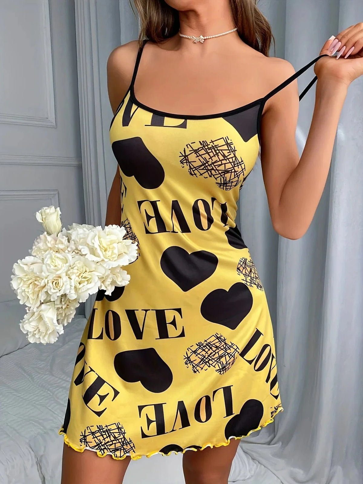 Love Heart Print Satin Sleepwear Dress for Women Sexy Spaghetti Strap Nightgown Soft Summer Loungewear Pajama Dress - A-1 Thread Vault