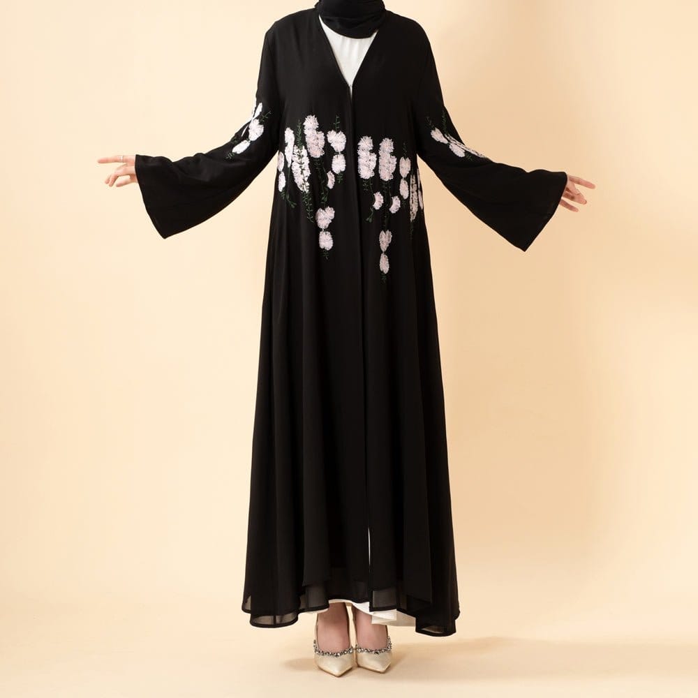 Luxury Floral Embroidered Double-Layer Chiffon Open Abaya(MOA308) - A-1 Thread Vault