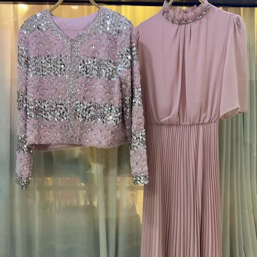Luxury Pearl Beaded Diamond Grid Jacket & Pleated Dress Set(MS403) - A-1 Thread Vault