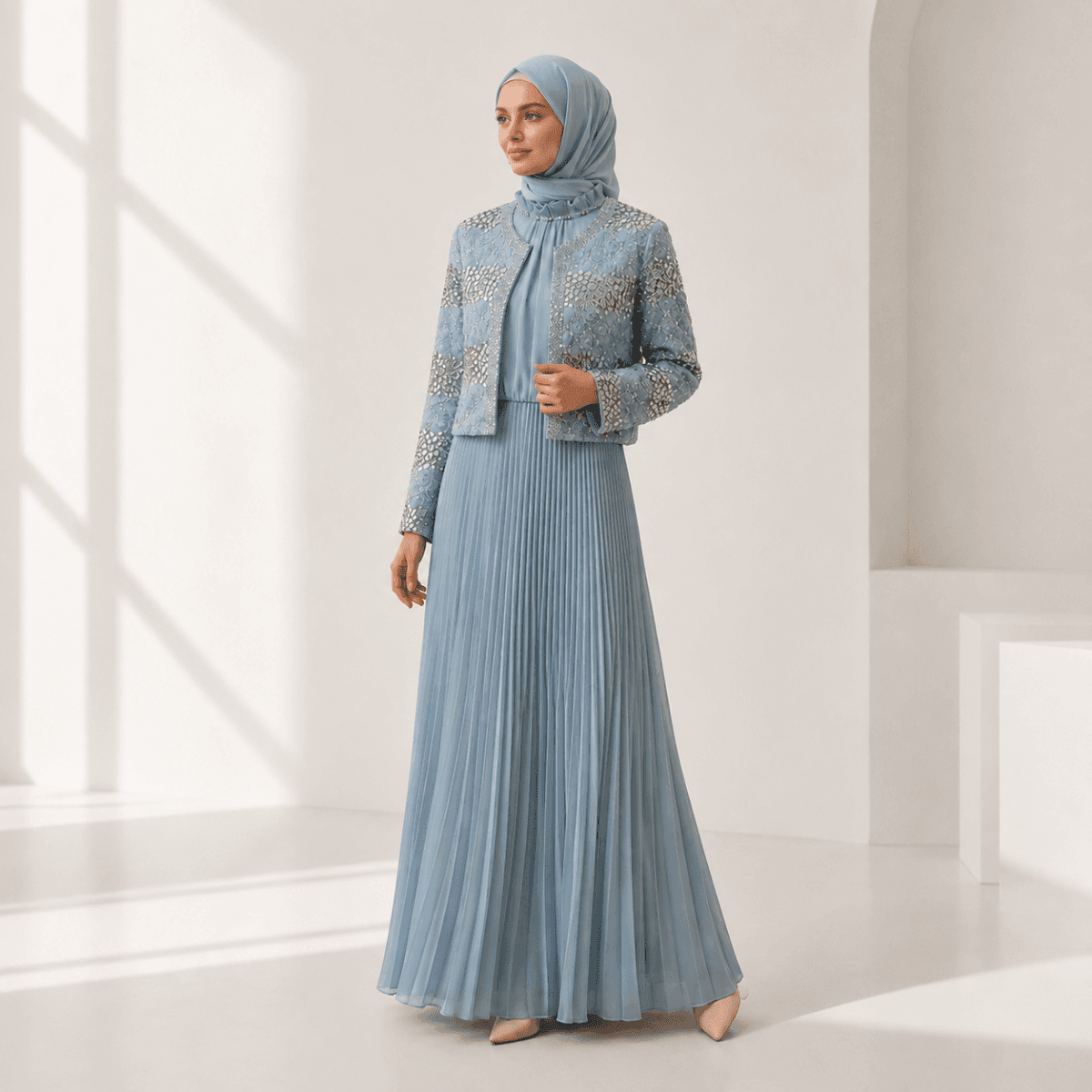 Luxury Pearl Beaded Diamond Grid Jacket & Pleated Dress Set(MS403) - A-1 Thread Vault