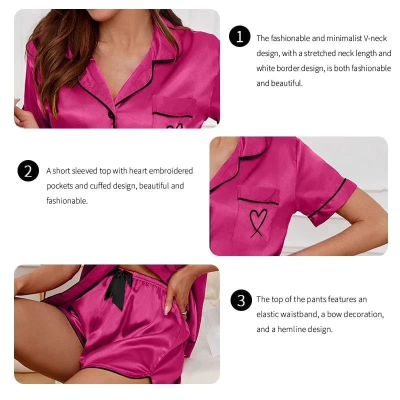 Luxury Satin Silk Women's Pajamas Set Short Sleeve Sleepwear Leisure Home Clothes Nightwear Comfortable Pyjamas for Women Pj Set - A-1 Thread Vault