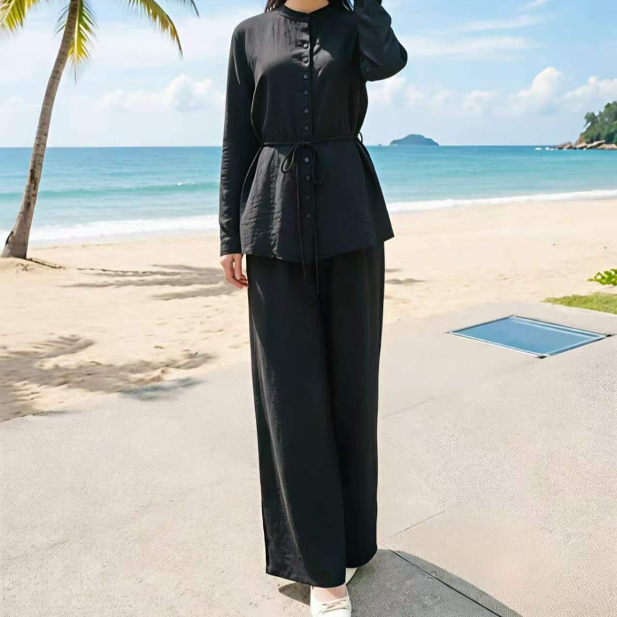 Mandarin Collar Drop-Shoulder Button Top & Wide-Leg Trouser Set(MS462) - A-1 Thread Vault