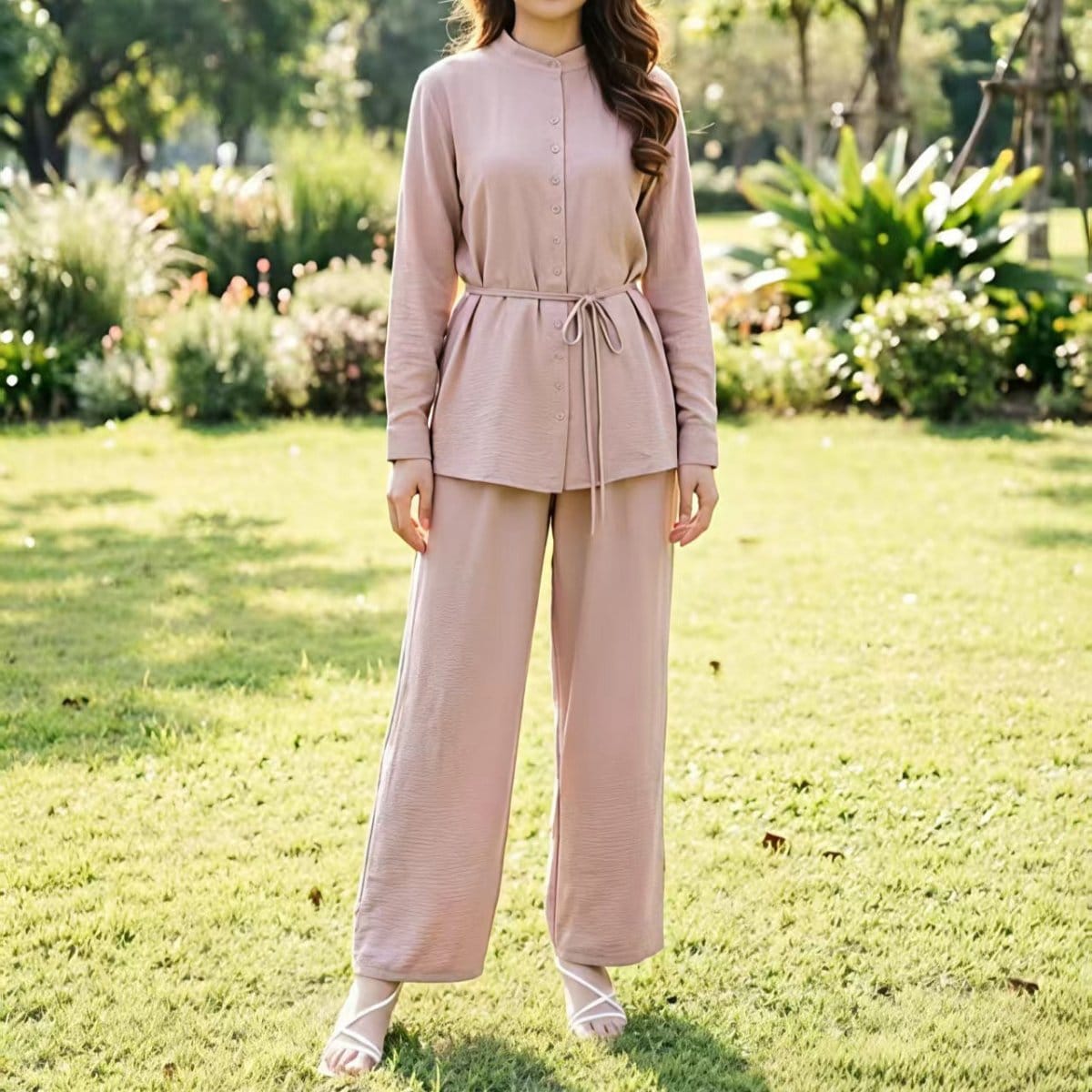 Mandarin Collar Drop-Shoulder Button Top & Wide-Leg Trouser Set(MS462) - A-1 Thread Vault