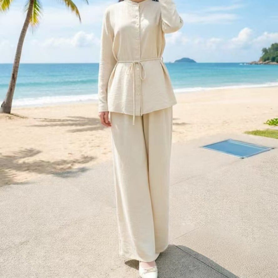 Mandarin Collar Drop-Shoulder Button Top & Wide-Leg Trouser Set(MS462) - A-1 Thread Vault