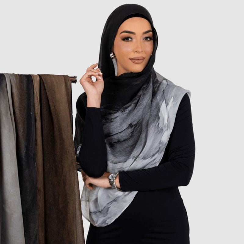 Marble Print Chiffon Hijab | Black & White Tie-Dye(MH227) - A-1 Thread Vault