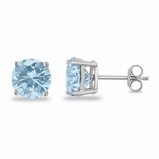 March Birthstone Aquamarine 925 Sterling Silver Round Cz Stud Casting Earrings - A-1 Thread Vault