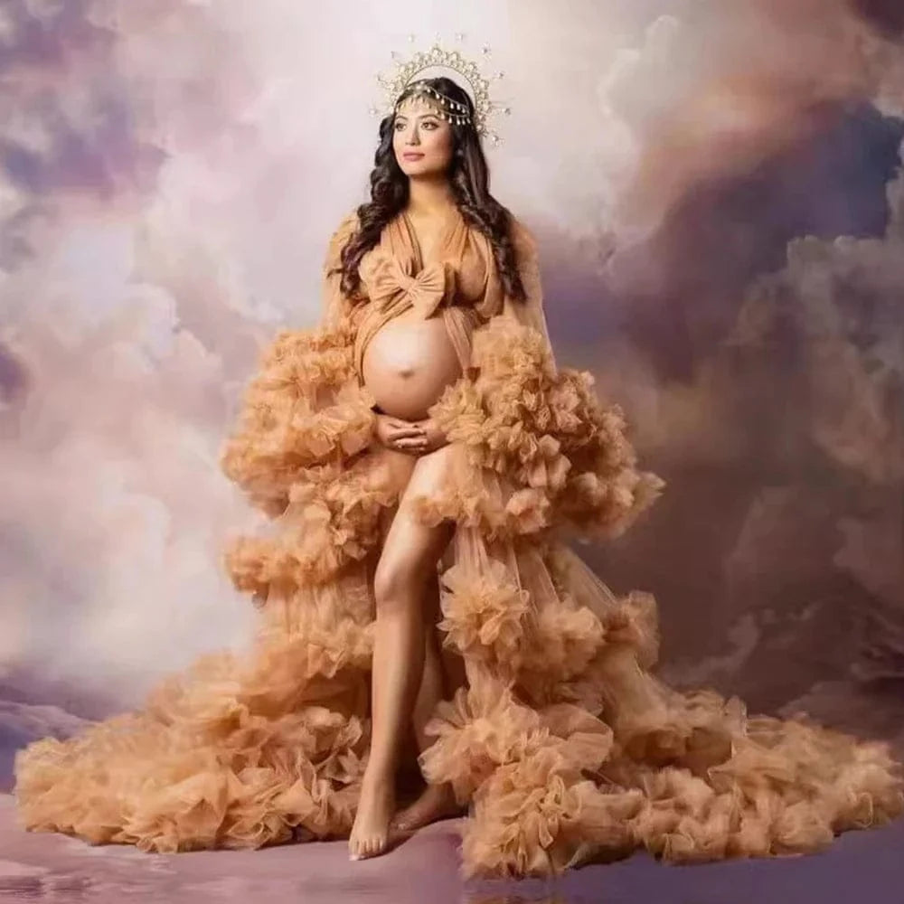 Maternity Dresses for Photoshoot Puffy Tulle Women Robe Long Sleeve Maxi Gown Wedding Anniversary Pregnancy Sleepwear Nightwear - A-1 Thread Vault