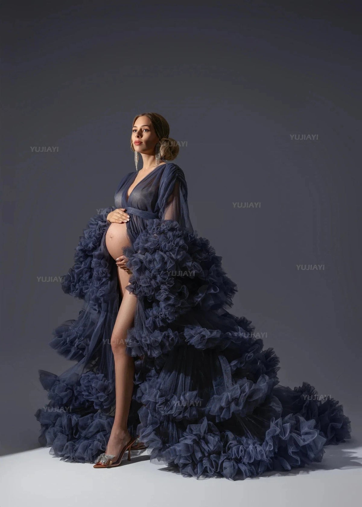 Maternity Dresses for Photoshoot Puffy Tulle Women Robe Long Sleeve Maxi Gown Wedding Anniversary Pregnancy Sleepwear Nightwear - A-1 Thread Vault