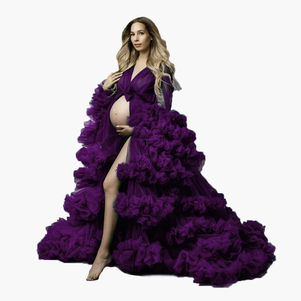 Maternity Dresses for Photoshoot Puffy Tulle Women Robe Long Sleeve Maxi Gown Wedding Anniversary Pregnancy Sleepwear Nightwear - A-1 Thread Vault