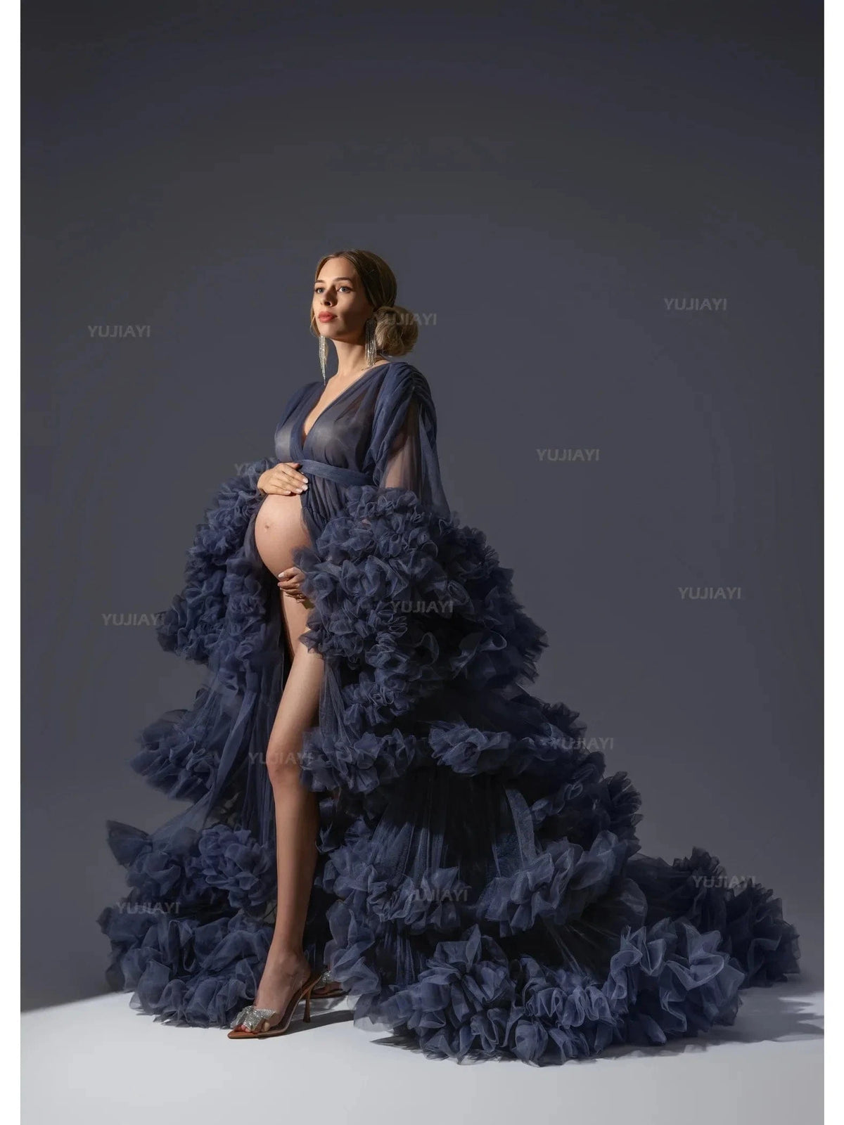 Maternity Dresses for Photoshoot Puffy Tulle Women Robe Long Sleeve Maxi Gown Wedding Anniversary Pregnancy Sleepwear Nightwear - A-1 Thread Vault