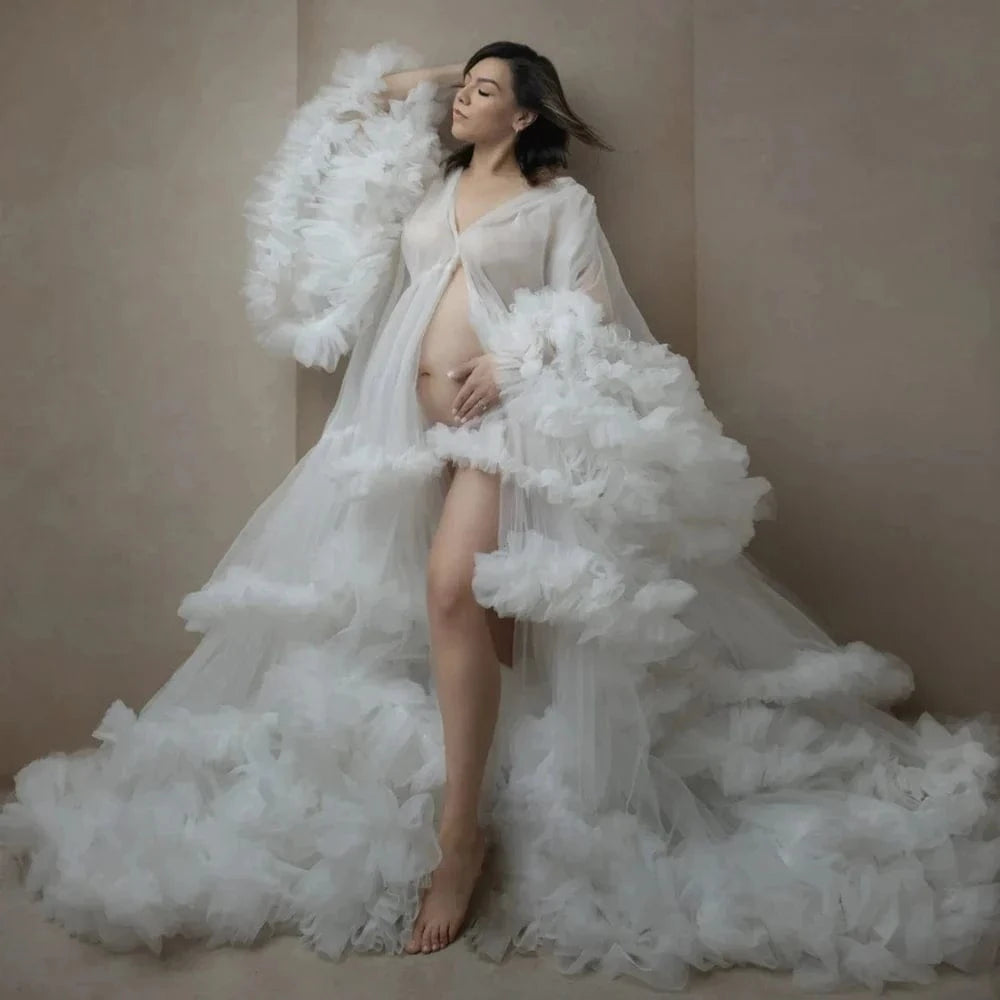 Maternity Dresses for Photoshoot Puffy Tulle Women Robe Long Sleeve Maxi Gown Wedding Anniversary Pregnancy Sleepwear Nightwear - A-1 Thread Vault