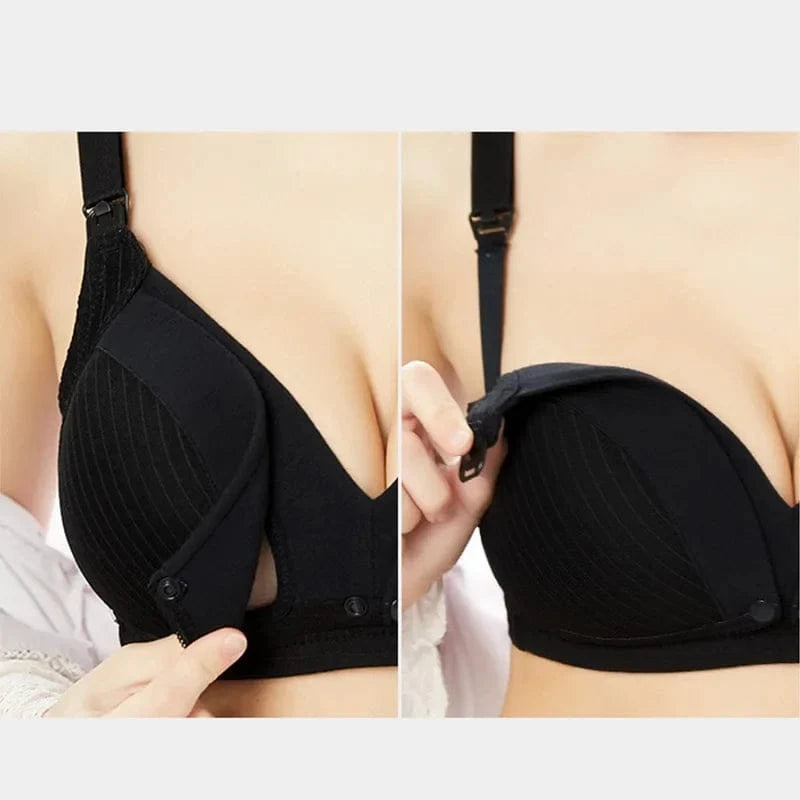 A black nursing bra shown from two angles, highlighting the front-opening clips that allow the top portion of the cup to fold down.