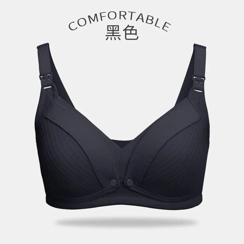 A black wireless nursing bra featuring ribbed fabric, adjustable shoulder straps with nursing clips, and front-opening clasps on a plain background.