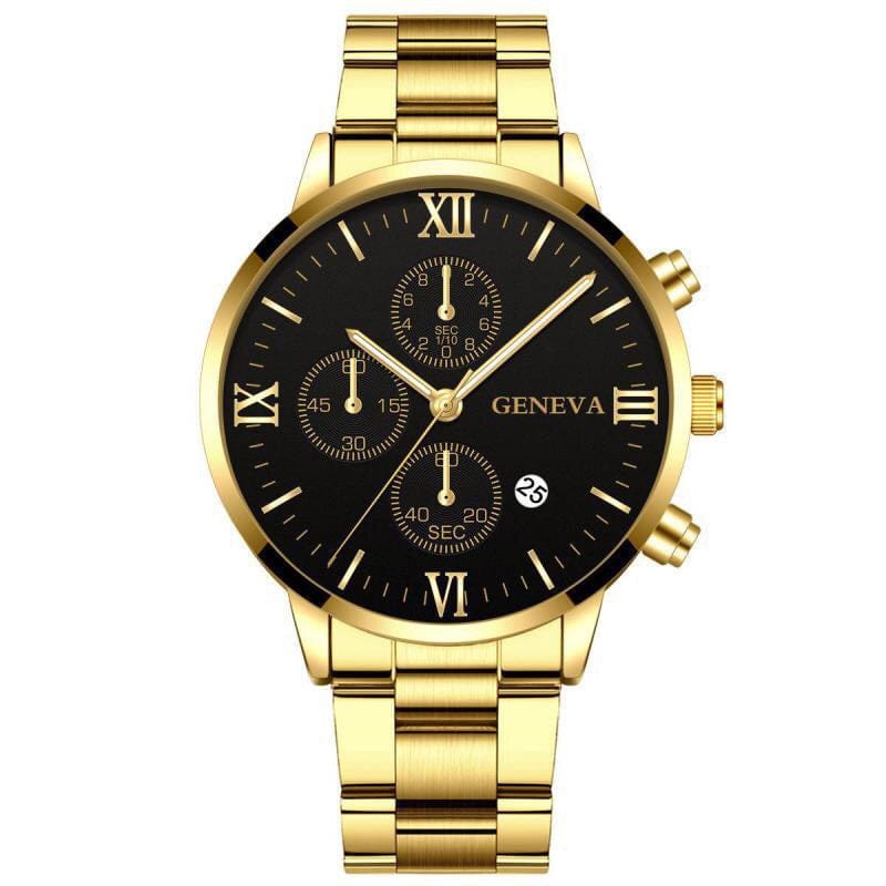 A gold-toned wristwatch with a black round face, Roman numeral indices, three sub-dials, and a date display on a matching metal link band.