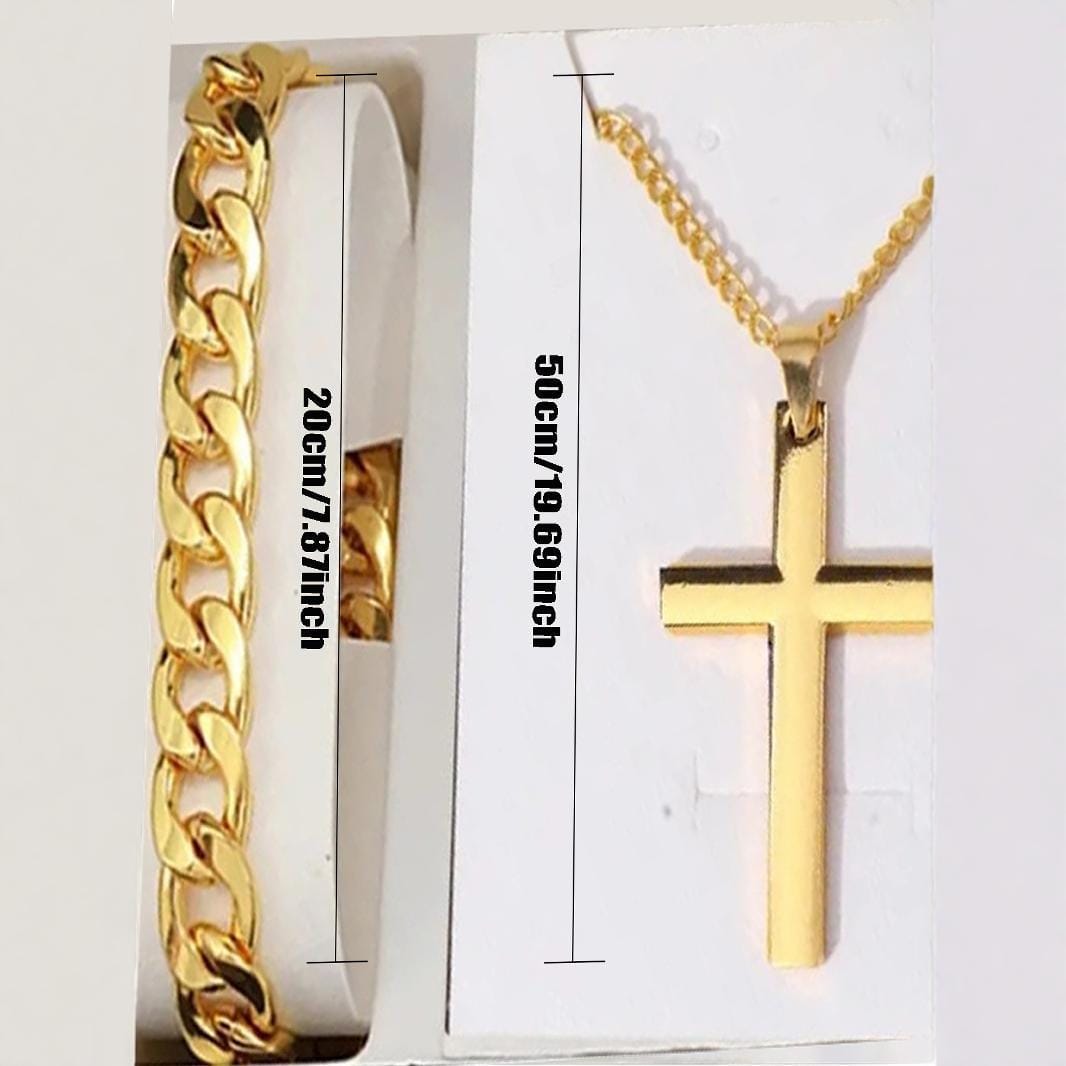 A gold-toned metal chain bracelet measuring 20cm and a gold-toned cross pendant on a matching chain measuring 50cm, both displayed against white packaging.