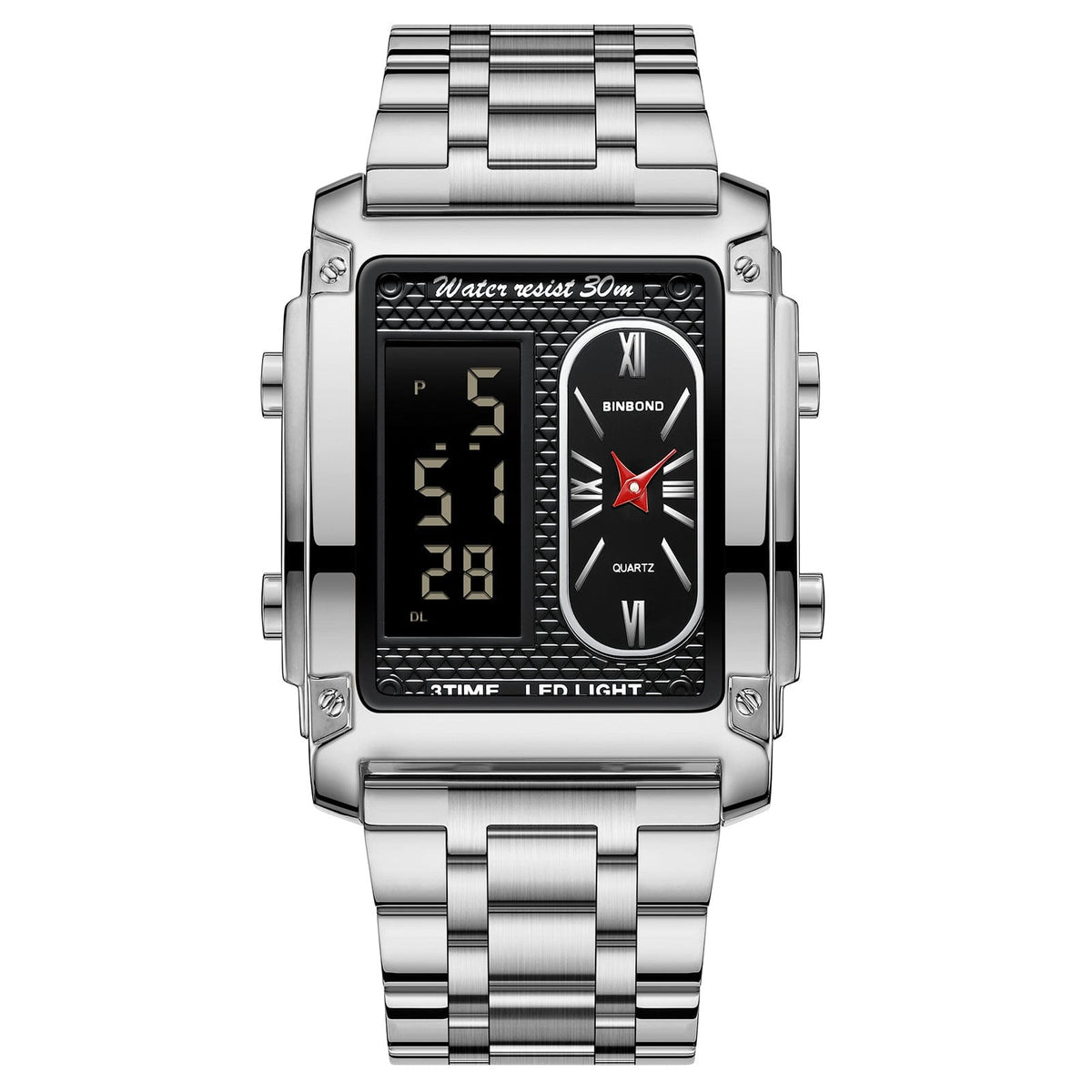 A rectangular silver-tone analog-digital watch with a metal link bracelet, featuring a black textured face with a digital display on the left and an analog clock dial with red hands on the right.