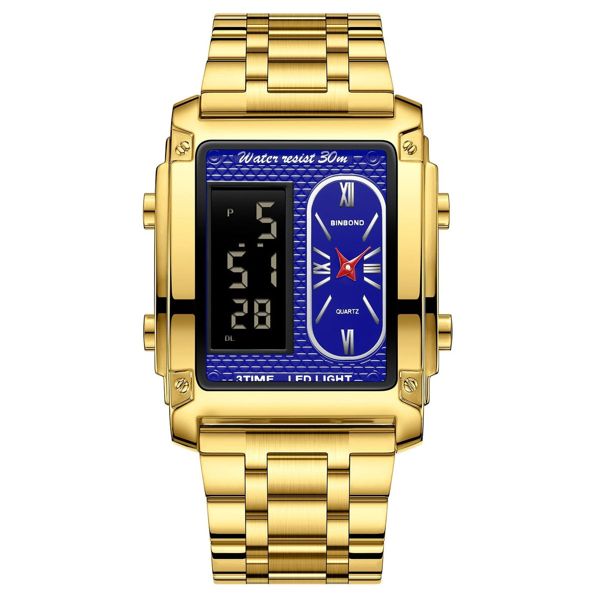 A gold-toned rectangular wristwatch with a stainless steel link band, featuring a dual display with a digital screen on the left and an analog clock face on the right with a blue textured background.