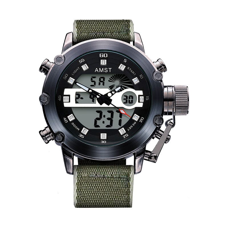 A round analog-digital wristwatch with a black face and bezel, white hands, digital displays, and a textured green fabric strap.