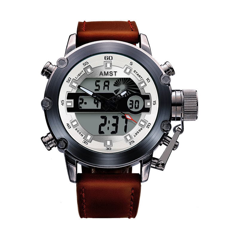 A wrist watch with a circular gunmetal case, brown leather strap, and a hybrid black-and-white analog-digital dial displaying the time and date.