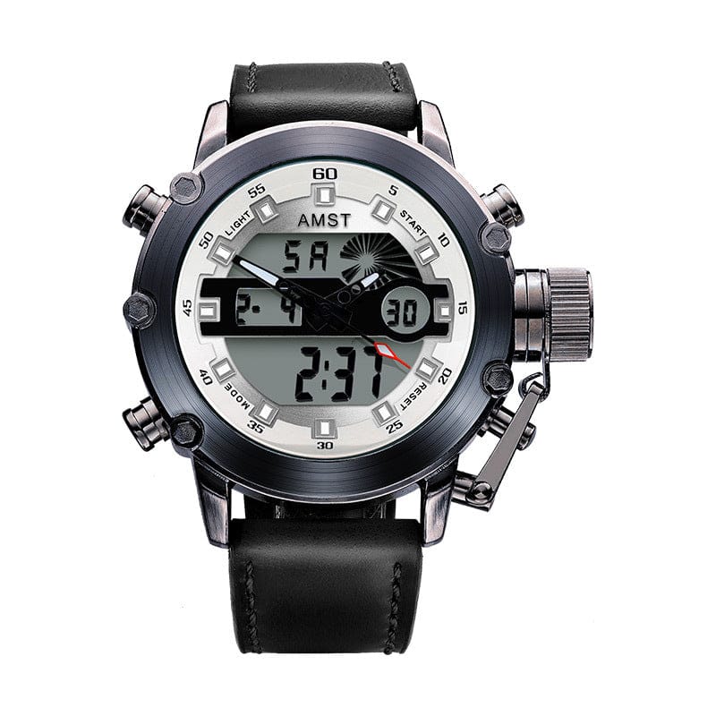 A round analog and digital watch with a dark metallic case, a white face with black markers and hands, and a black leather strap.