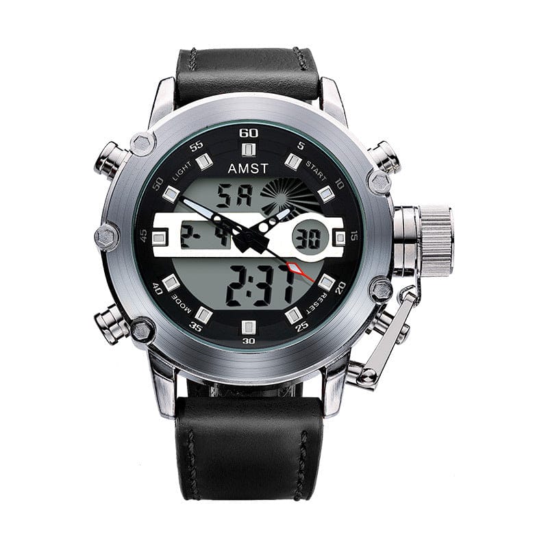 A silver-toned analog-digital watch with a black face, white markers, and a black leather strap featuring multiple side pushers and a large crown on the right side.
