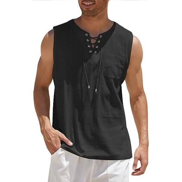 Men's Cotton Linen Tank Top Shirts Casual Sleeveless Lace Up Beach Hippie Tops Bohemian Renaissance Pirate Tunic - A-1 Thread Vault