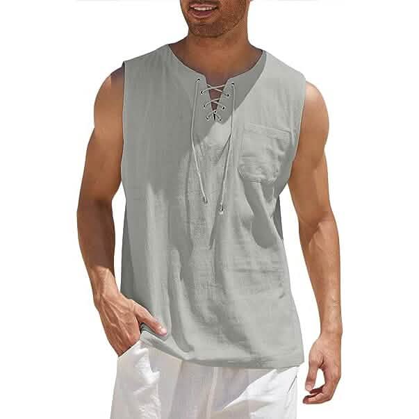 Men's Cotton Linen Tank Top Shirts Casual Sleeveless Lace Up Beach Hippie Tops Bohemian Renaissance Pirate Tunic - A-1 Thread Vault
