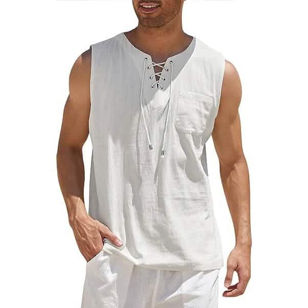 Men's Cotton Linen Tank Top Shirts Casual Sleeveless Lace Up Beach Hippie Tops Bohemian Renaissance Pirate Tunic - A-1 Thread Vault
