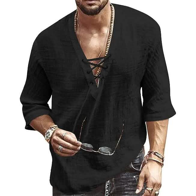 Men's Fashion Shirt Short Sleeve Beach V-Neck Drawstring - A-1 Thread Vault