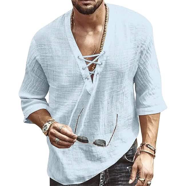 Men's Fashion Shirt Short Sleeve Beach V-Neck Drawstring - A-1 Thread Vault