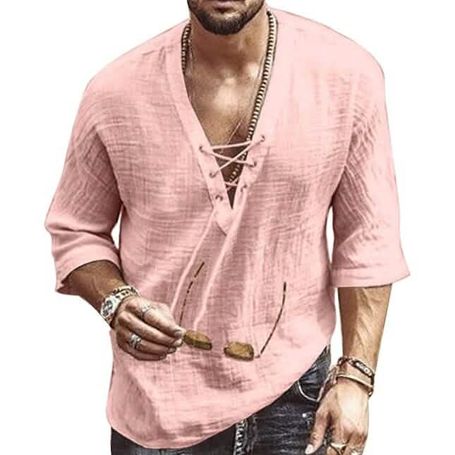 Men's Fashion Shirt Short Sleeve Beach V-Neck Drawstring - A-1 Thread Vault
