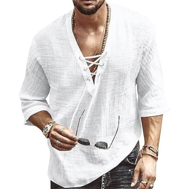 Men's Fashion Shirt Short Sleeve Beach V-Neck Drawstring - A-1 Thread Vault
