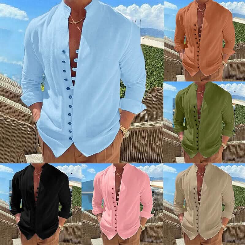 Men's Linen Button Up Shirt Long Sleeve Plain Band Collar - A-1 Thread Vault