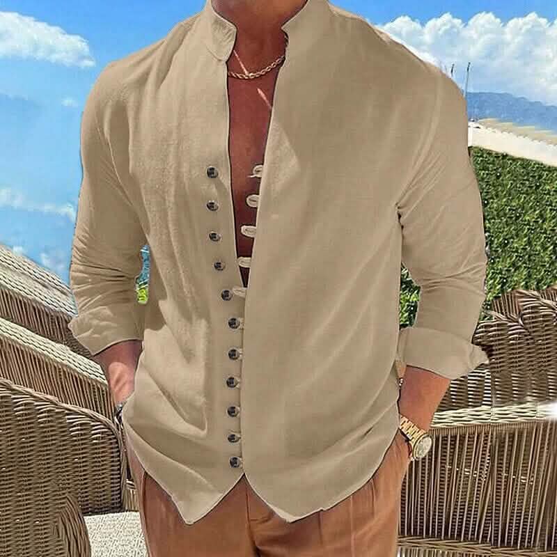 Men's Linen Button Up Shirt Long Sleeve Plain Band Collar - A-1 Thread Vault