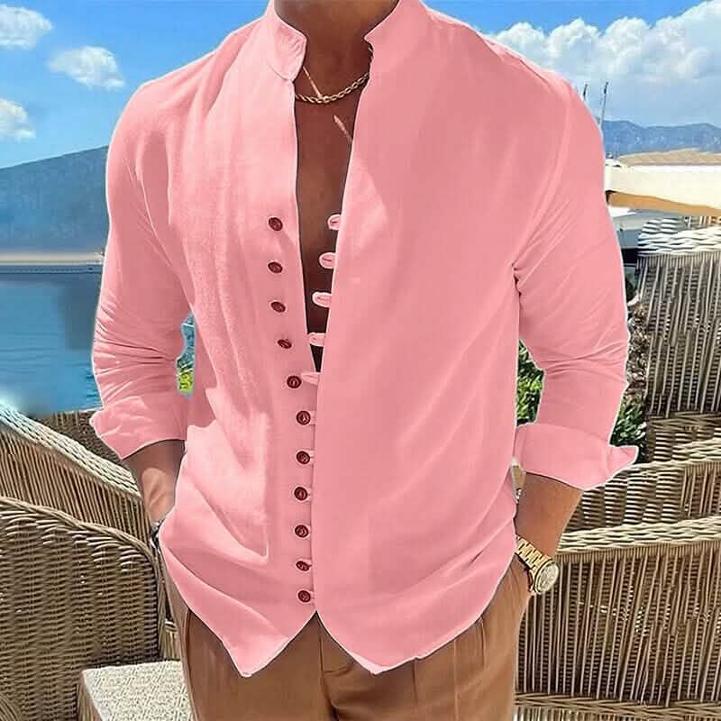 Men's Linen Button Up Shirt Long Sleeve Plain Band Collar - A-1 Thread Vault