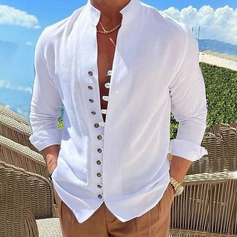 Men's Linen Button Up Shirt Long Sleeve Plain Band Collar - A-1 Thread Vault