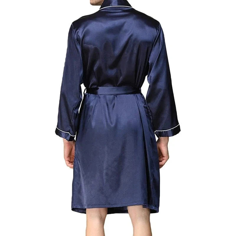 Mens Satin Bathrobe with Belt Long Sleeve V-neck Night Robe Sleepwear Soft Loungewear with Pockets - A-1 Thread Vault