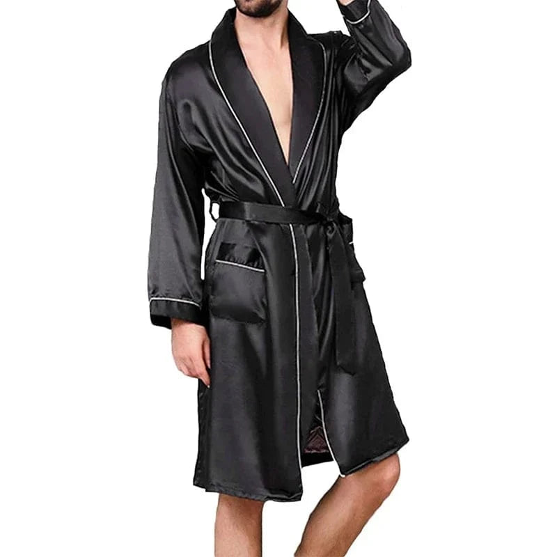 Mens Satin Bathrobe with Belt Long Sleeve V-neck Night Robe Sleepwear Soft Loungewear with Pockets - A-1 Thread Vault