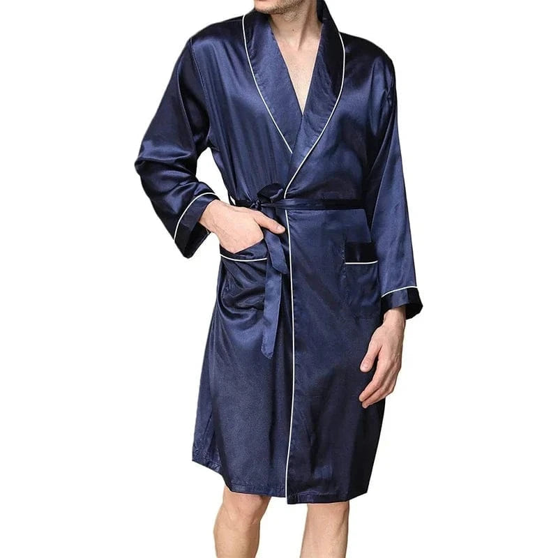 Mens Satin Bathrobe with Belt Long Sleeve V-neck Night Robe Sleepwear Soft Loungewear with Pockets - A-1 Thread Vault